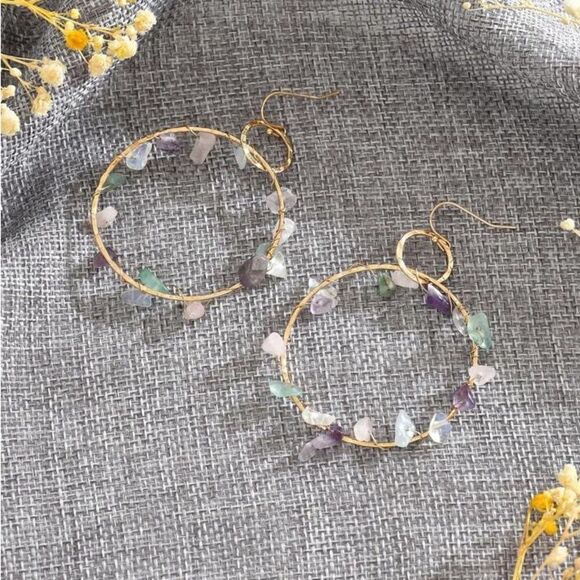 Gold Hoop Earrings with Multicolor Stones - Picture 3 of 6